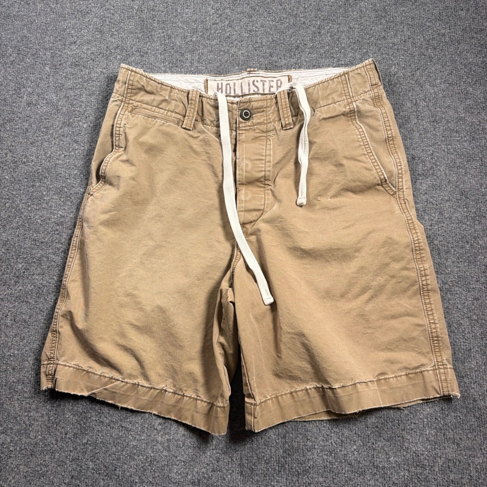 Y2K Hollister Shorts Men 32 Tan Khaki Button Fly Raw Hem Drawstring Cotton